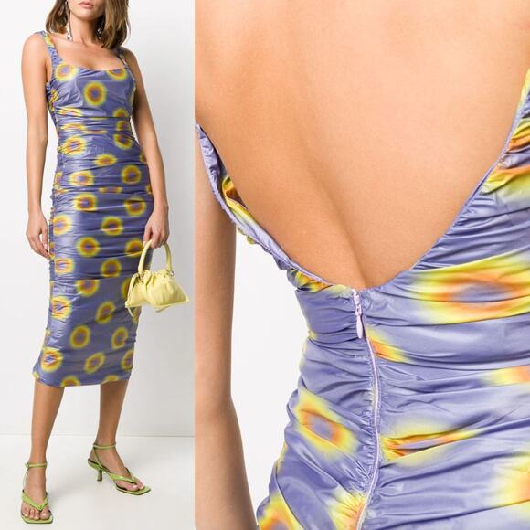 Maisie Wilen | Lady Miss Purple Yellow Ruched Low Back Polka Dot Midi Dress M - Picture 2 of 14